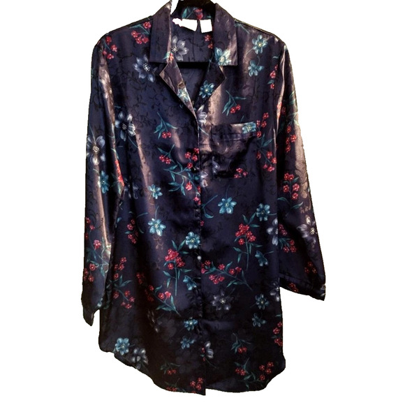 Intimate Moments Blue Floral Satin Nightgown Nightshirt Y2K Retro Look Elegant M - Picture 2 of 9
